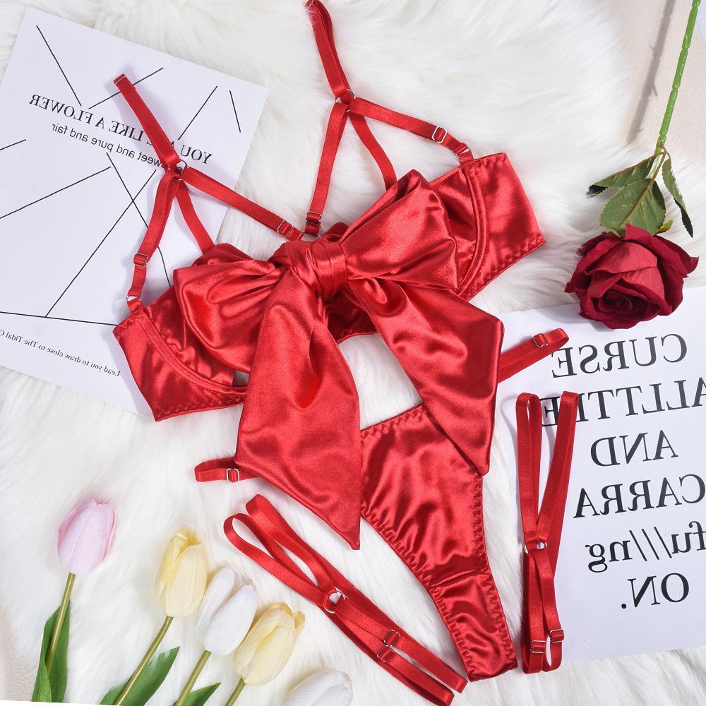 Elegant European & American Bow Hollow-Out Lingerie 3-Piece Underwire Set