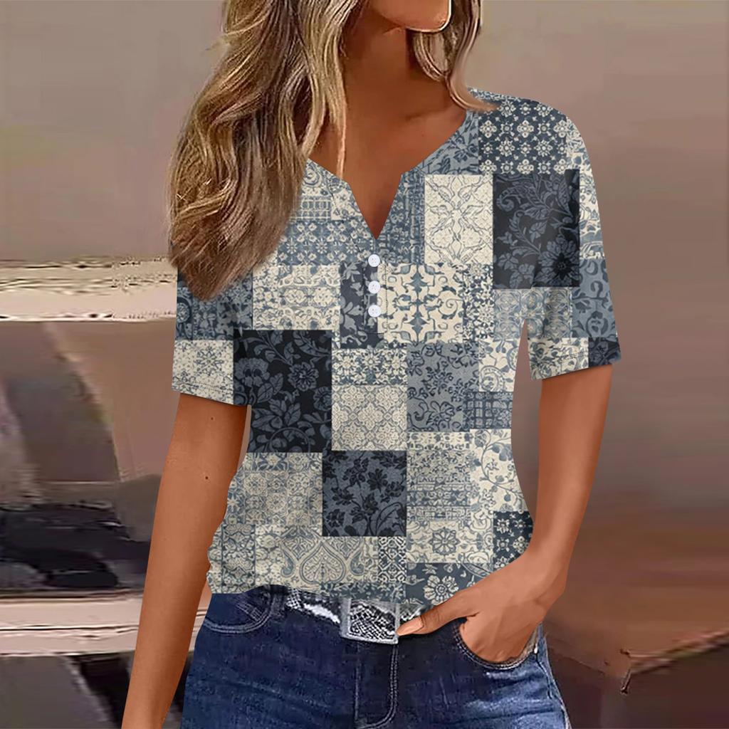 T-shirt da Donna Maglietta Stampata Bottoni Manica Corta Tunica Moda Quotidiana Weekend Base Scollo a V Top Regolare