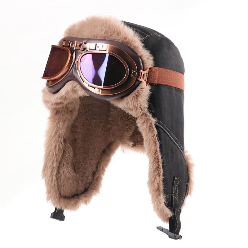 Unisex Winter Warm Fleece Lined Aviator Hat With Goggles Cover Ear Protection Outdoor Windproof Retro Cap
