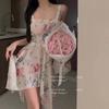 Honey Love French Floral Ruched Bandeau Spaghetti Strap Lingerie Dress
