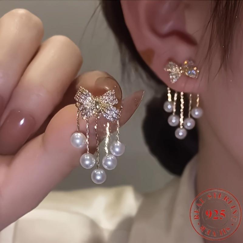 Chic tassel earrings with bow design - vintage-inspired, 925 silver ear studs, suitable for daily wear and travel