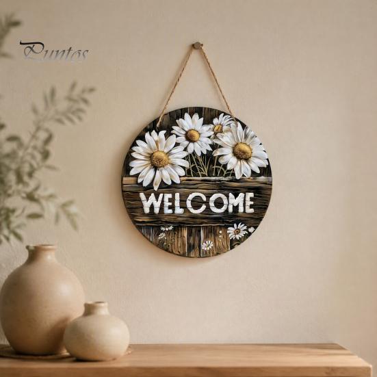 Decorative Wood Sign for Porch Wooden Daisy Welcome Front Door, Rustic Farmhouse Hanging Wall Decor Floral Art with Hemp Rope, Plaque Home Entrance
