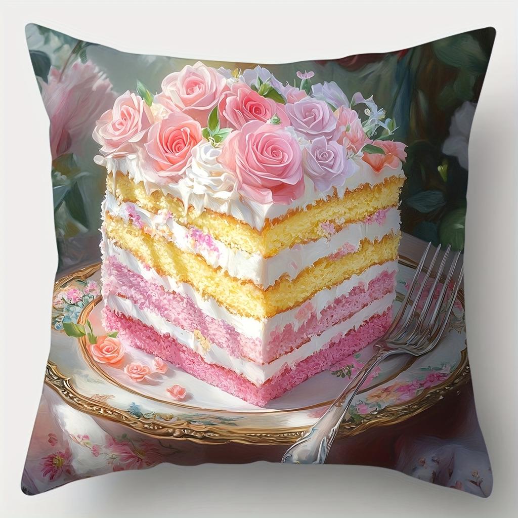 Celebration Dessert Style Pillow Covers, Colorful Layer Cake With Roses Print Cushion Cases, Cozy Home Decor Bedroom Living Room