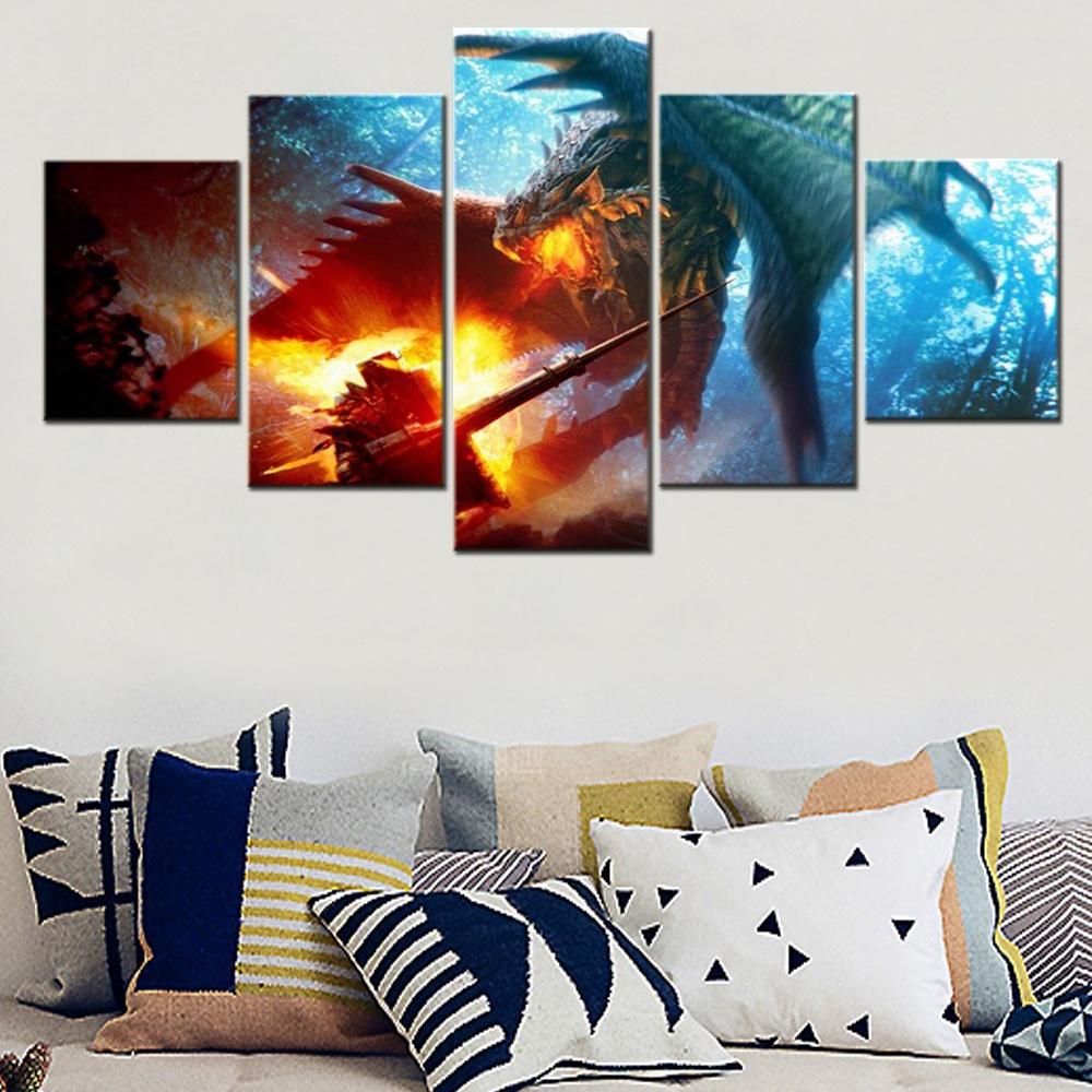 5 Pieces Canvas Wall Arts Video Games Dragon Monster Hunter Fantasy Art Lance Fire Forest Poster Painting Home Decor Living Room