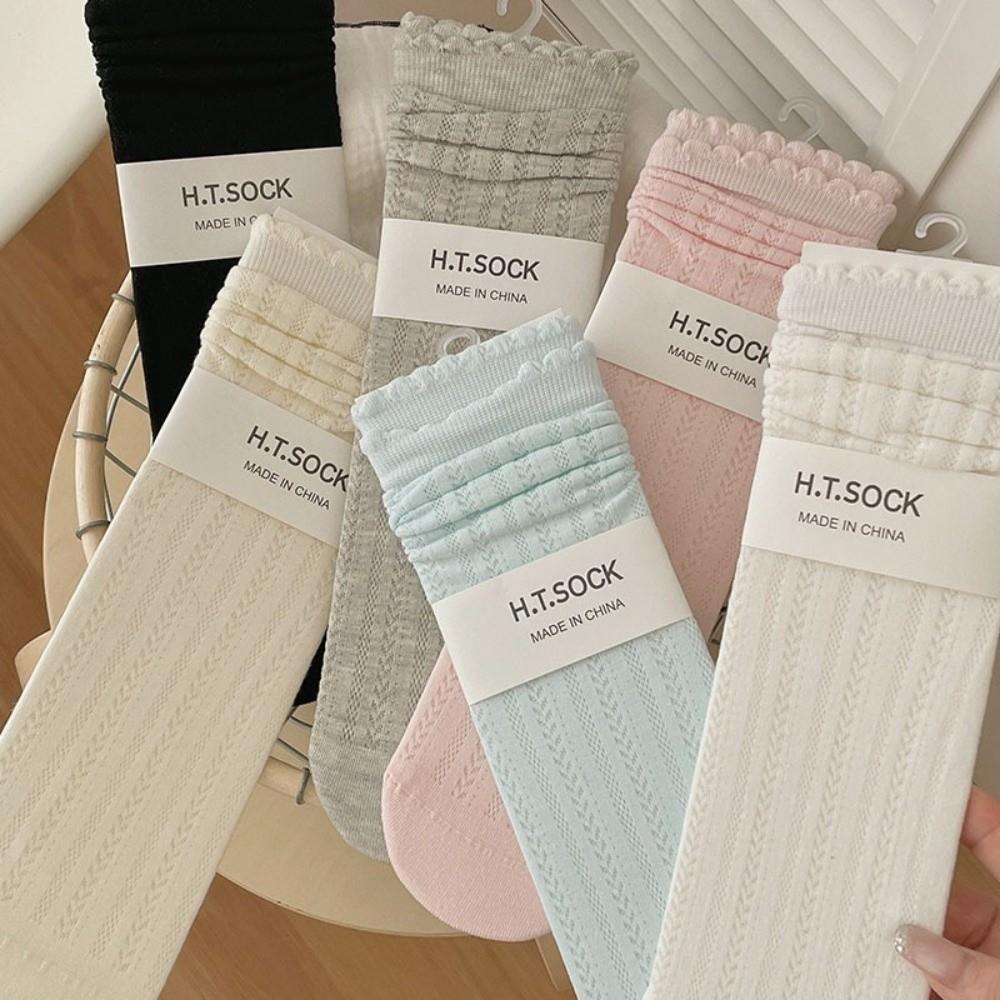 1Pair Ruffle Spring Summer Socks Solid Color Lace Socks Sweet Middle Tube Socks Women Girls