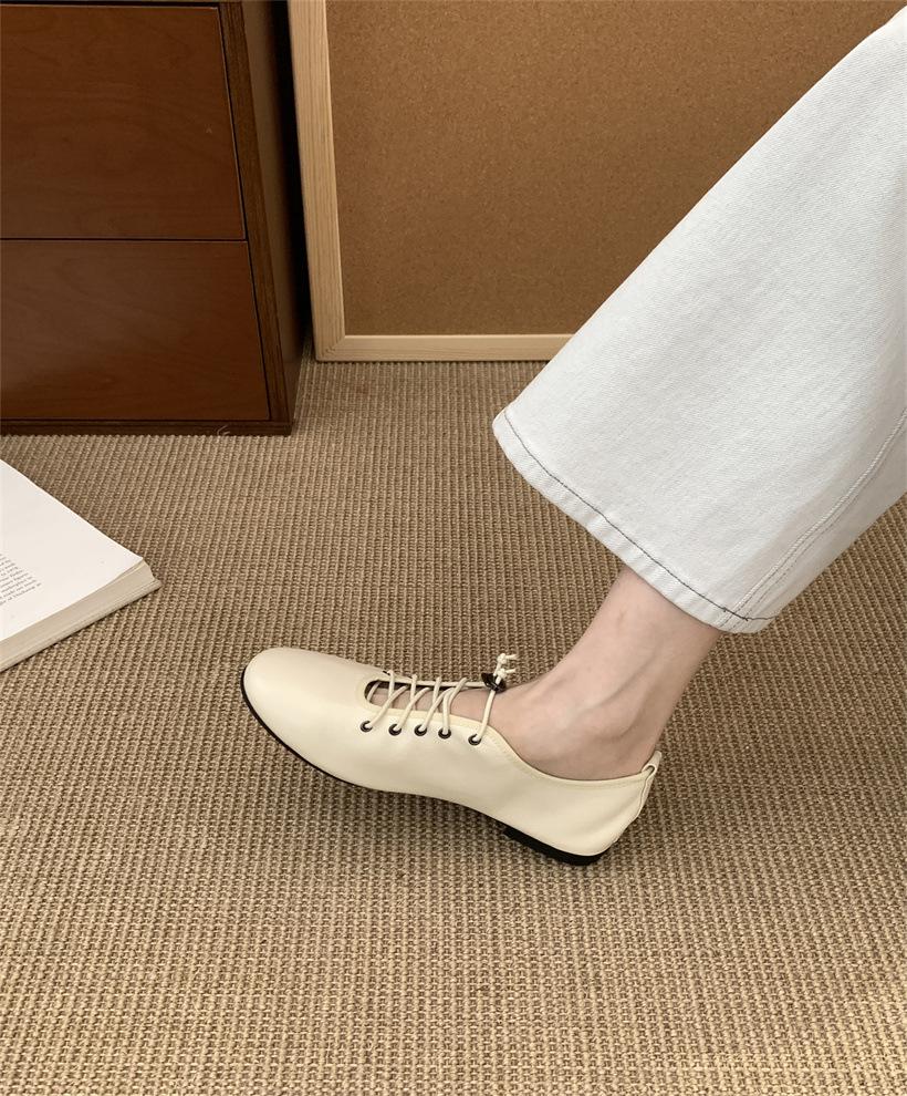 Korean version of niche design single shoes 2025 spring and autumn new lace-up small leather shoes ballet flat shoes round head single shoes