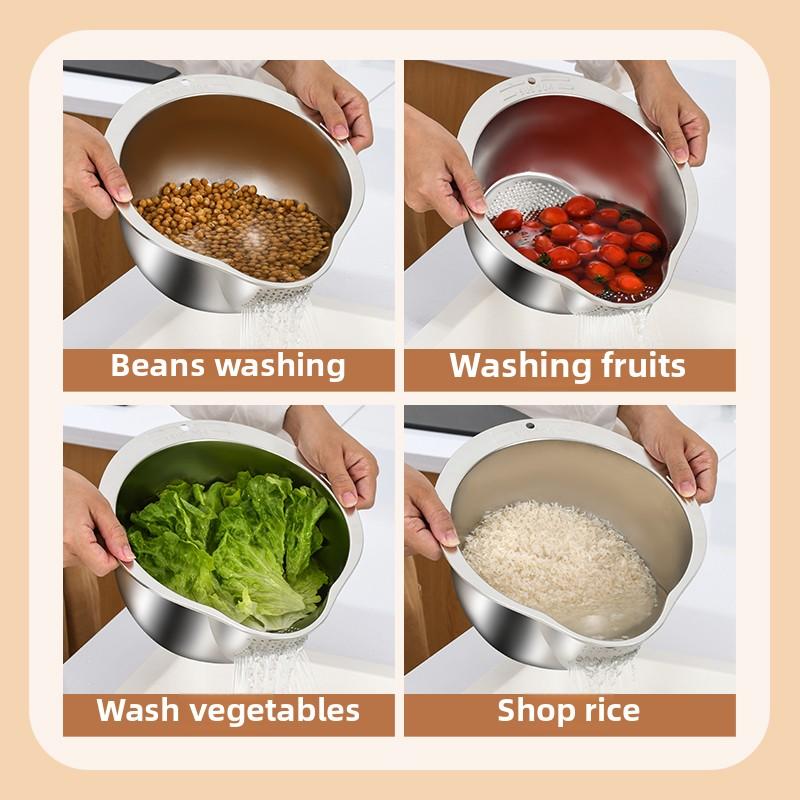 Stainless Steel Rice Washing Basin Inclined Bottom Metal Sieve Colander Rice Fruit Vegetable Strainer Kitchen Cleaning Tools