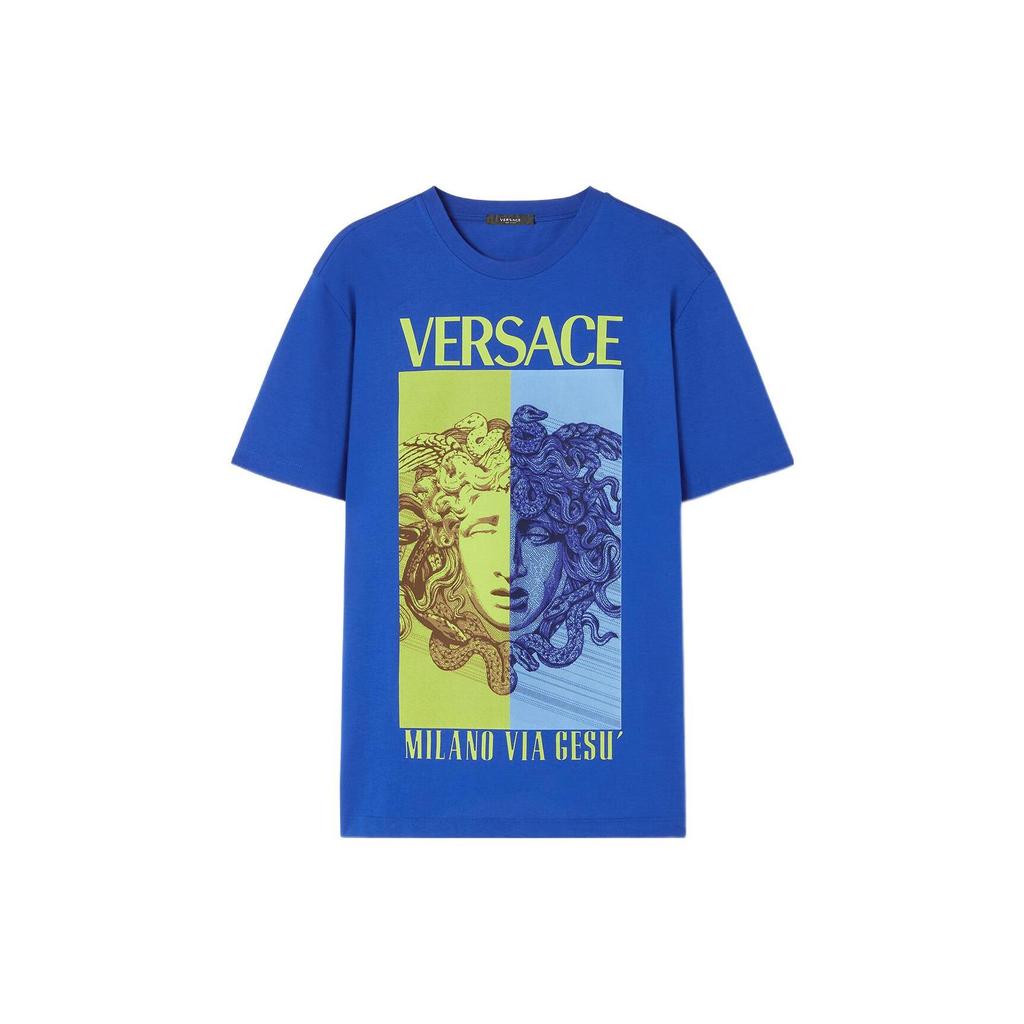 Versace SS23 Holiday T Shirts Men's Blue Crew Neck Moderate Straight Fit 1008491-1A06070-1UE30