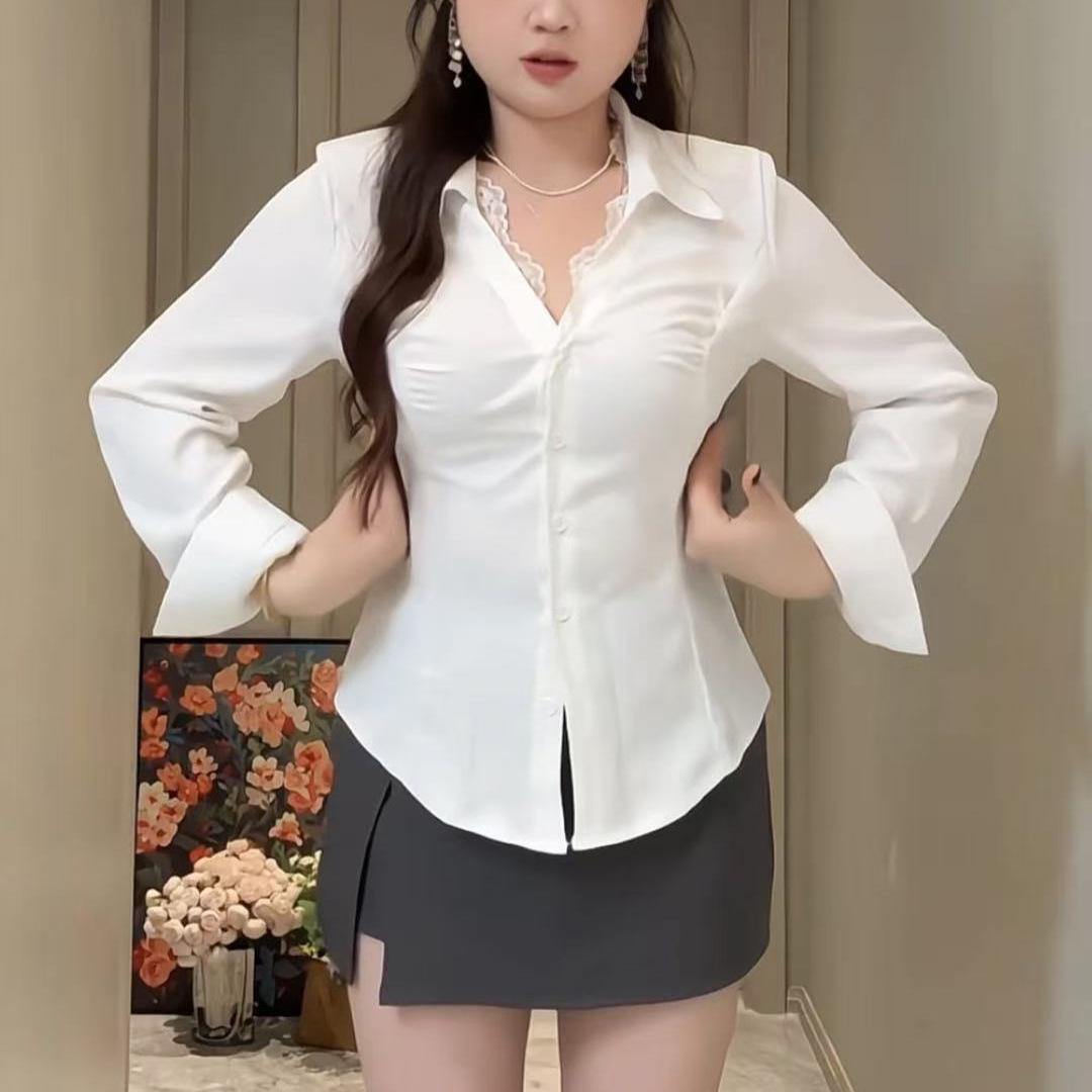 Plus Size Women s Korean Style Lace Patchwork Waist-Cinched Lapel Shirt - Slimming Spring 2026 Versatile Top 3XL