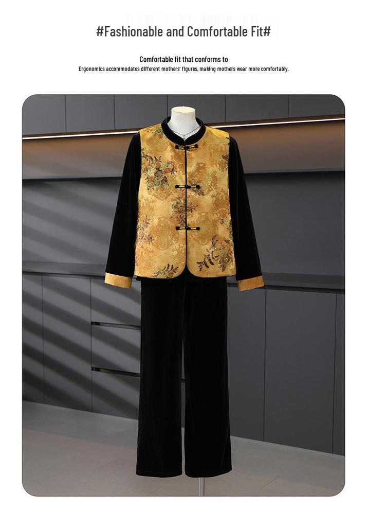 Spring & Autumn 2026 Chinese-Style Golden Velvet Suit for Mothers: Elegant Three-Piece Set