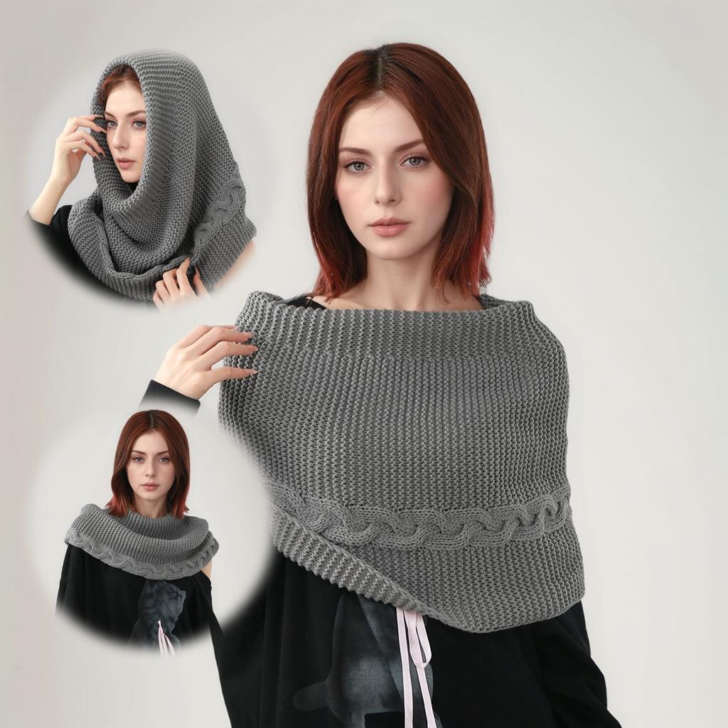 Versatile Hooded Knitted Scarf Winter Cap Neck Warmer Cowl Circle Collar Scarves Solid Color Dual Use Shawl Scarf Outwear Decor