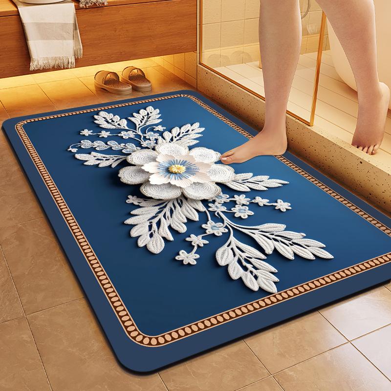 Embroidered Flower Diatom Mud Floor Mat Water Absorption and Dirt Resistant Foot Mat Household Bathroom Wear Resistant Fast Drying Anti Slip Floor Mat