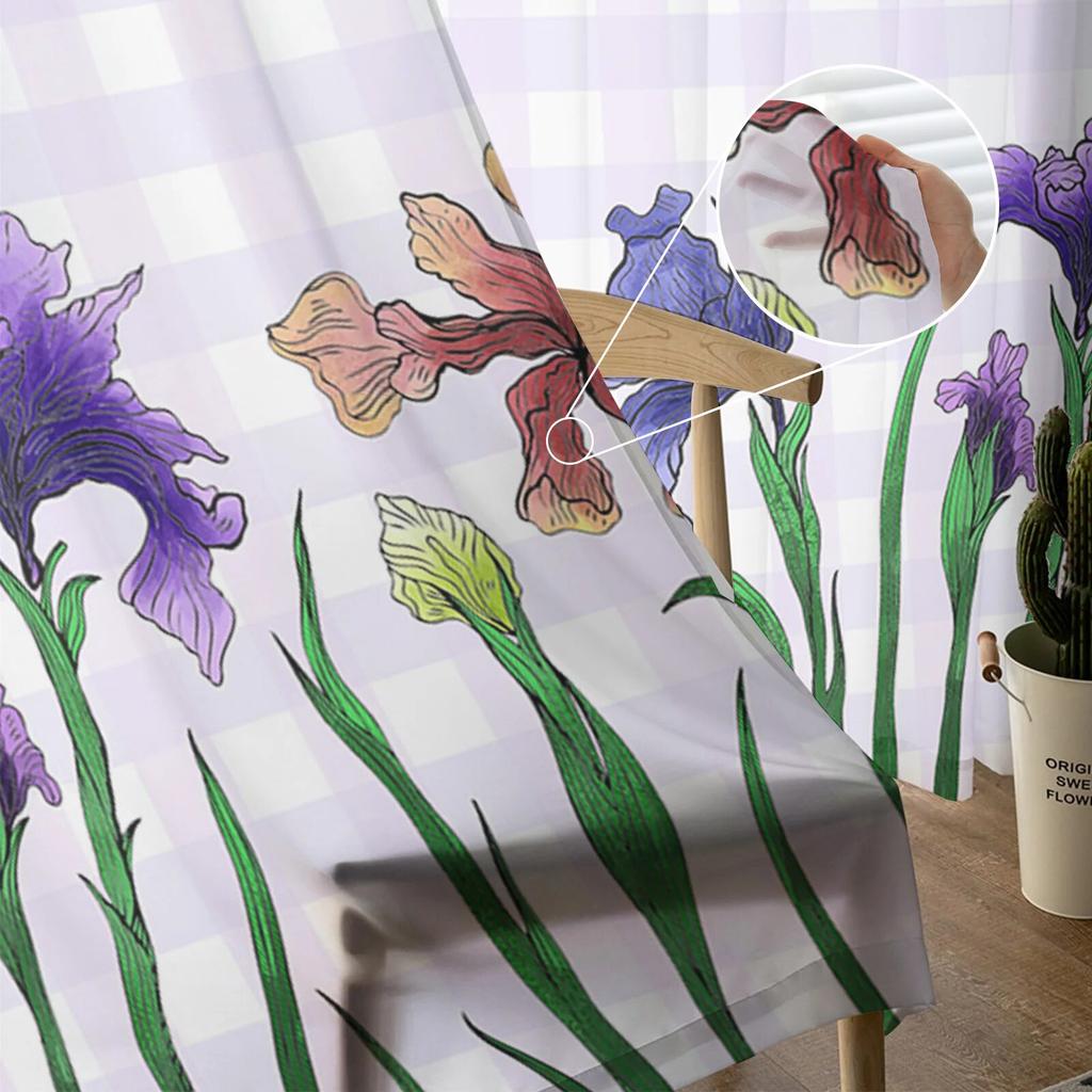 Iris Flower Plaid Sheer Curtains for Living Room Bedroom Decoration Chiffon Tulle Voile Kitchen Window Curtain