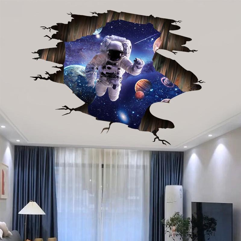 Space Astronaut Mural 3D Wall Hole Art Starry Planet Design Vinyl Stickers Home Decoration For Aesthetic Rooms Ceiling Wallpaper