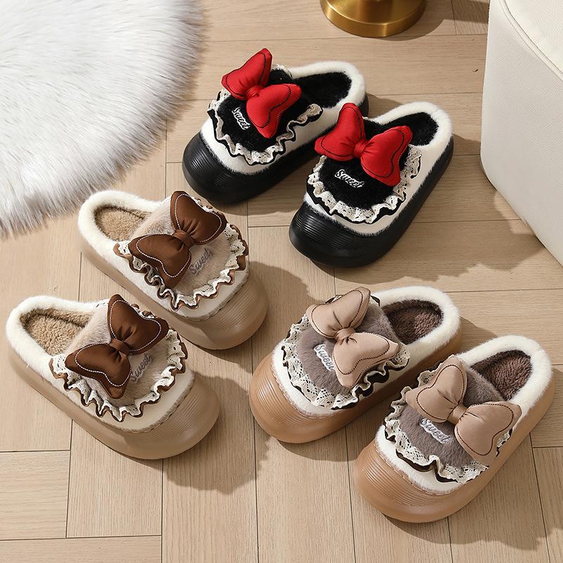 Lolita Bow Cotton Slippers Winter Shoes Women External Wear Non Slip Warm Home Cotton Shoes Thick Sole Comfort Zapatos De Mujer