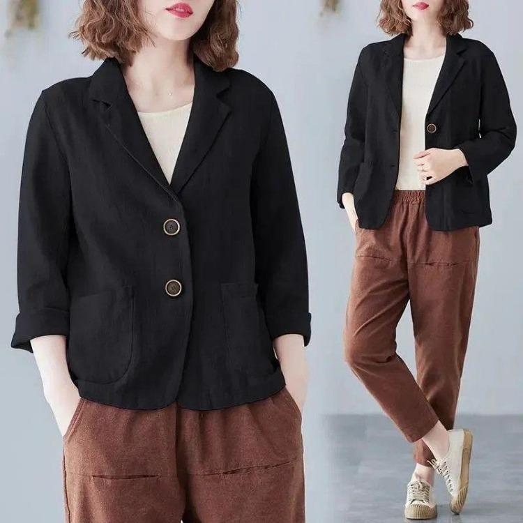 Estivo Primaverile Cotone Lino Protezione Solare Cappotto Vestibilità Rilassata Letteratura Joker Piccolo Completo Manica Lunga Abbigliamento Tempo Libero Aggiornato