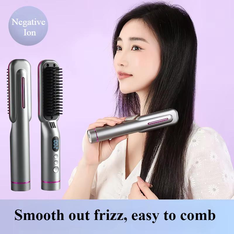 Wireless Hair Styler Negative Ion Hair Straightener Comb & Curling Comb Damage-Free Voluminous LED Screen Rechargeable Hot Comb