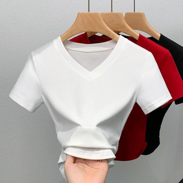Women Summer Short Sleeve V Neck Solid Color Cotton T Shirt Curved Hem Waist Top New Fashion Casual Blouse