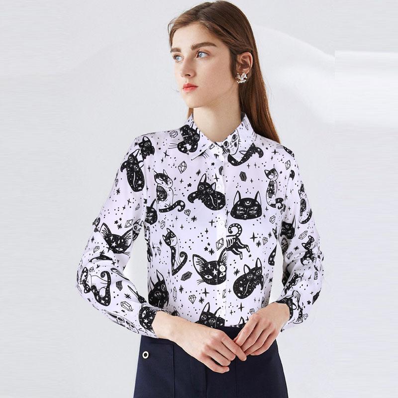Danmo Women Shirt Cat Pattern Printed Personality Tops and Blouses Fashion Office Lady Long Sleeve Clothes