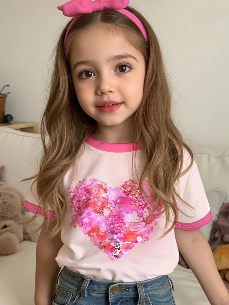 Girls T-Shirts Strawberry Sequin 3D Printed Summer Short Sleeve Tee Stripe Round Neck Loose Tops Streetwear Children's Clothing
