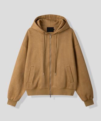 Black Moment Faux Suede Hooded Zip-Up Jacket [Camel]