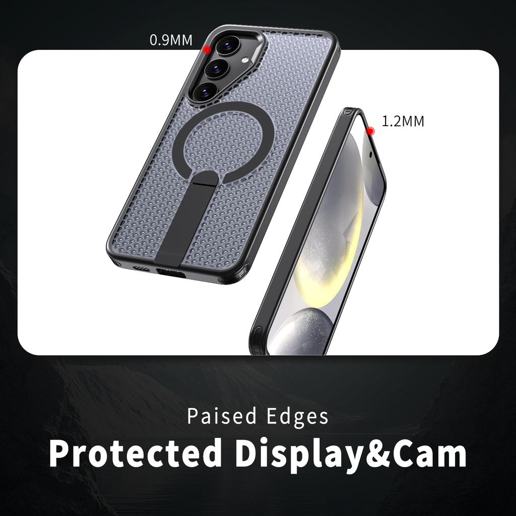 For Samsung Galaxy S25 Magnetic Case Kickstand Grid Texture TPU PC Phone Back Cover
