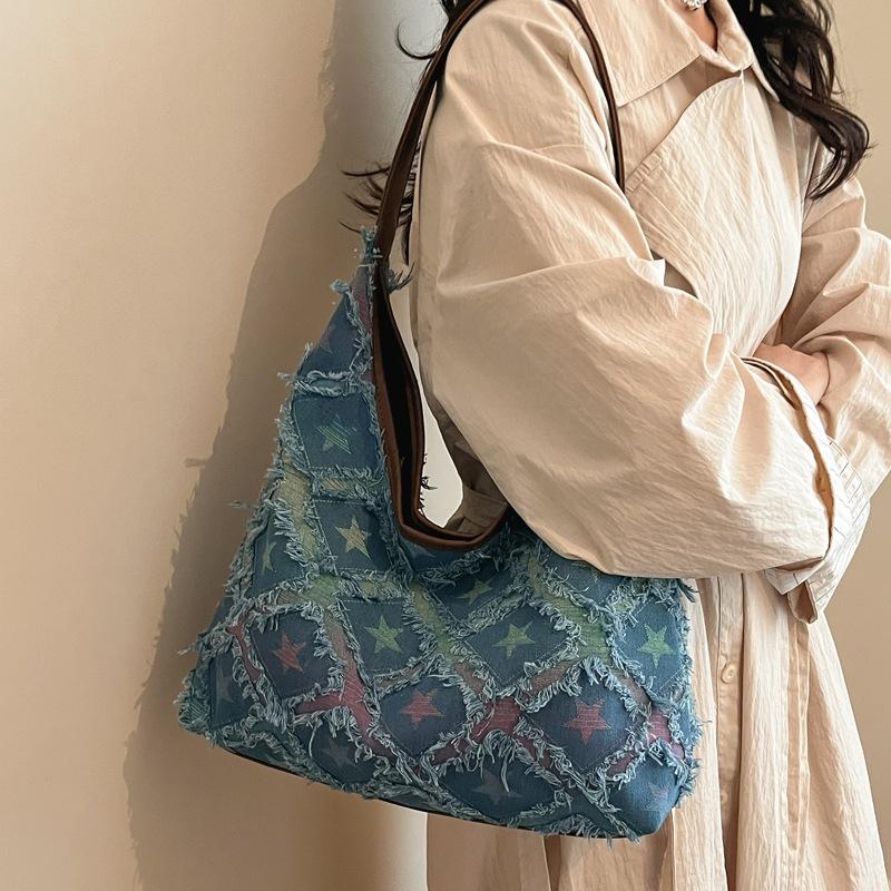 Star Print Frayed Denim Tote Bag Large Capacity Casual Shoulder Handbag for Women