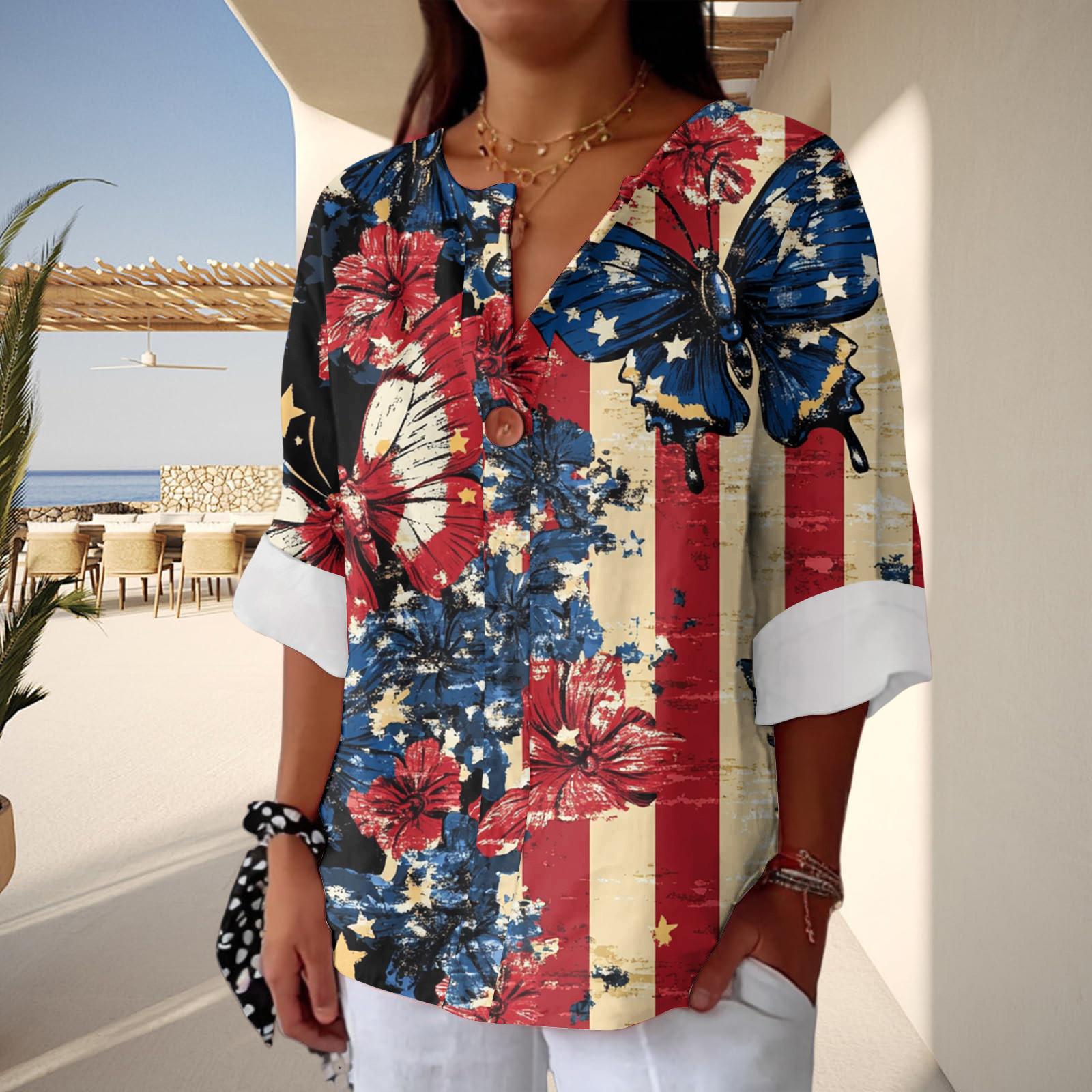 

Women s Fashion Casual Button V-Neck Cotton And Linen Independence Day Printed Seven Sleeve T-Shirt Top XL хаки