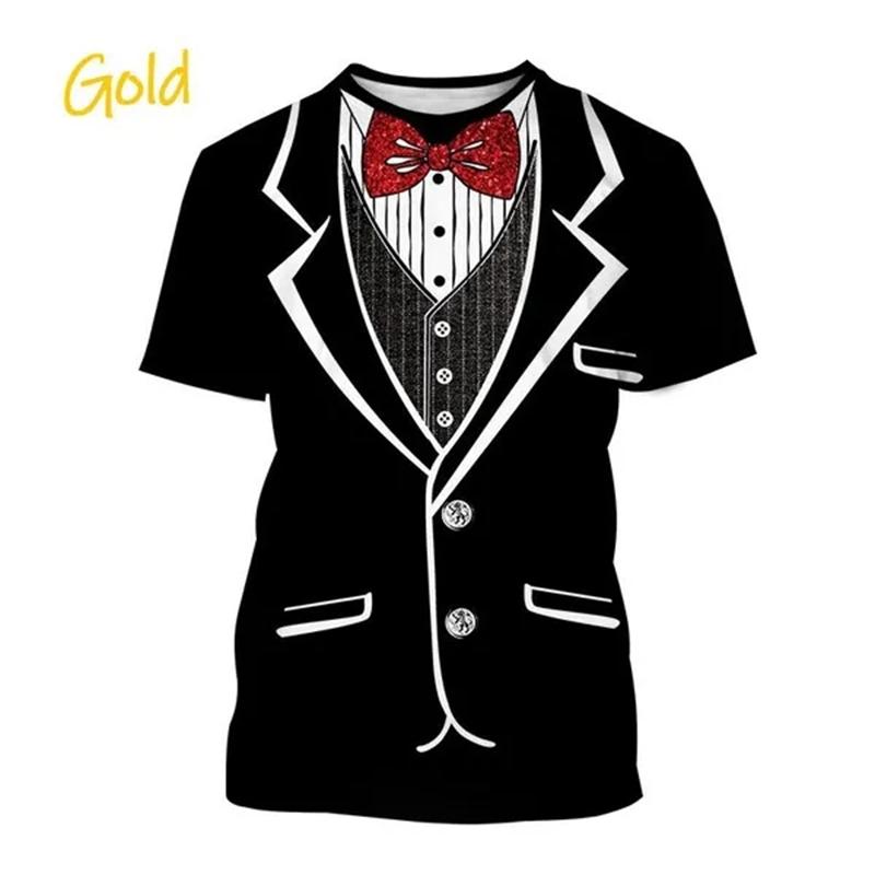 Summer Round Neck 3D Tuxedo Retro Tie Printed Top Fake Suit Tops Fashionable Casual Short Sleeved Men's T-shirts