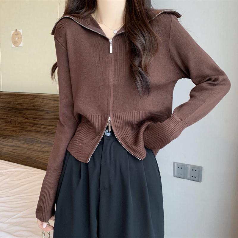 

Осень-зима, новинка Spice Girls, модная корейская одежда, универсальное шикарное короткое пальто, длинный рукав, кардиган, женский повседневный тонкий свитер, новинка L темно-коричневого