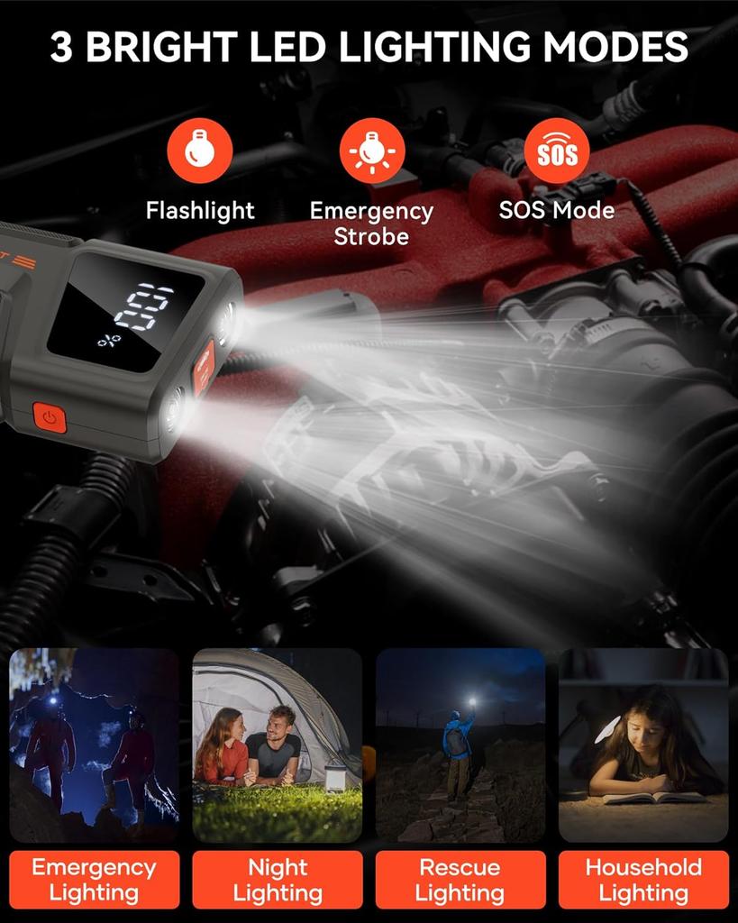 2000A Portable Car Jump Starter 12V with LCD Display, USB QC3.0, LED Light, Jumper Cables