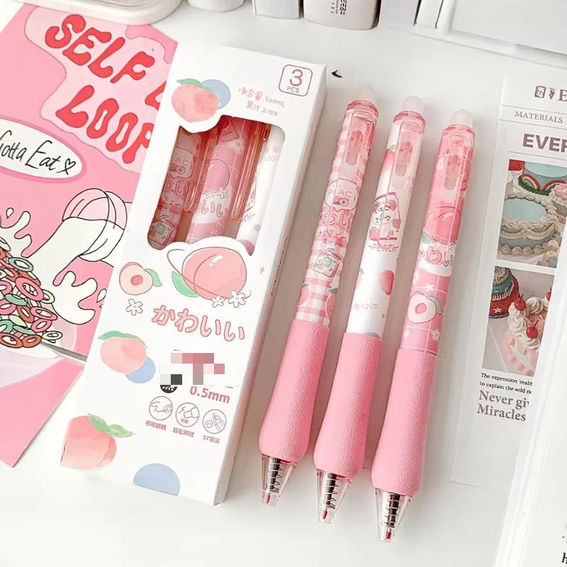 3Pcs/set Cute Erasable Click Pen Pastel Kawaii Press 0.5mm Black Blue Ink Pen with Soft Grip Peach Juice Color Study Supplies