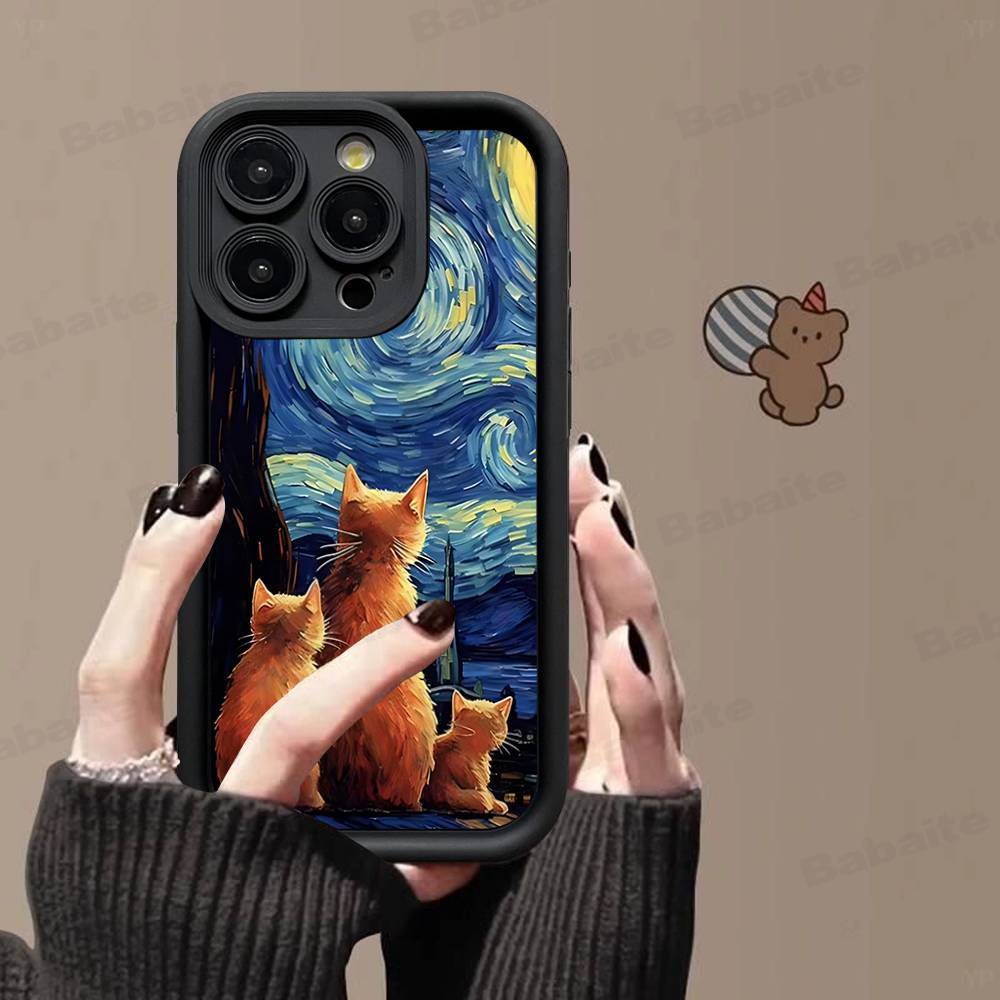 

Cute Van-Gogh Starry Night Cat Phone Case For IPhone 11 12 13 16 15 17 14 Pro Max Soft Funda Silicone Cover iPhone 14 plus