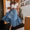 25th Anniversary Bohemian A-line Tiered Denim Midi Skirt