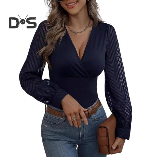 

Женские топы с V-образным вырезом, прозрачные, с длинными рукавами, однотонные, облегающие, с пуловером, топы на каждый день M темно-синий