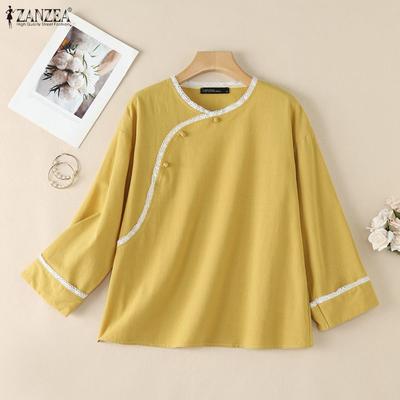 Blouse en coton décontractée pour femme avec empiècement en dentelle, col rond, manches 3/4
