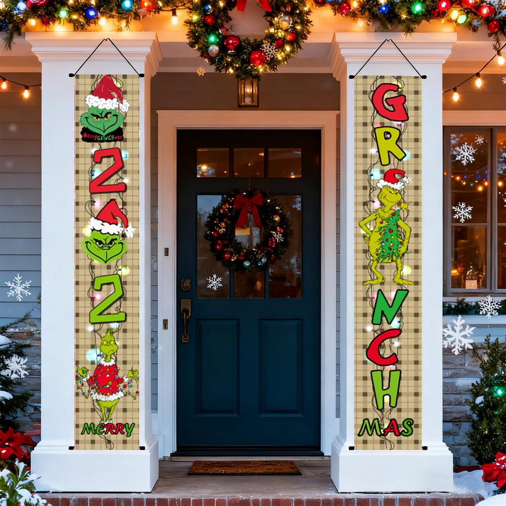 New Arrival! 30*180cm Christmas GreenGhost Couplets - Polyester,Durable& Eye-catching Design For Home & Cafe Decoration.