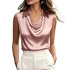 Women Satin Sleeveless Top with Draped Neckline and Lapel Collar Relaxed Fit Elegant Tank Shirt Blouse for Casual or Office Wear