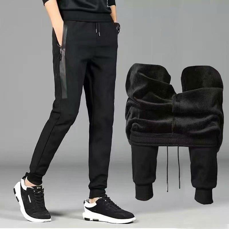 Men's Black Mid-Waist Striped Stretch Trousers with Velvet - Casual Autumn/Winter Loose Fit Jeans for Teens