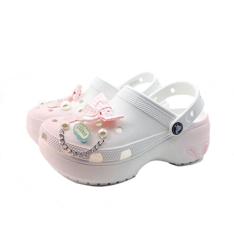 Crocs Classic Platform Clog EVA Pink Rabbit Rise Beach Travel Versatile Fashion Clogs for Men and Women White Pink