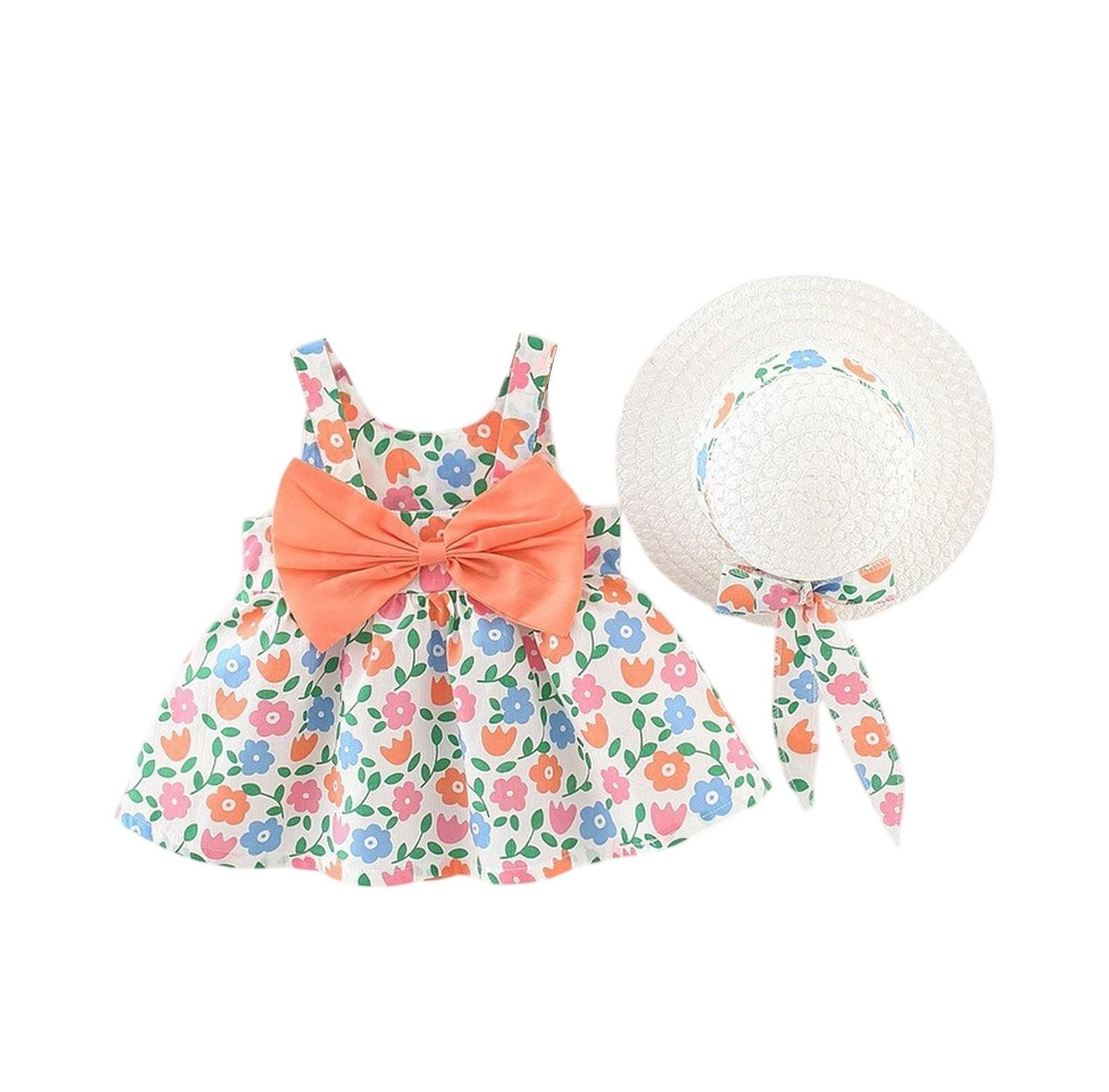 

Летнее детское платье без рукавов и комплект шапочки - милый наряд принцессы с цветочным принтом 80 шафрановый