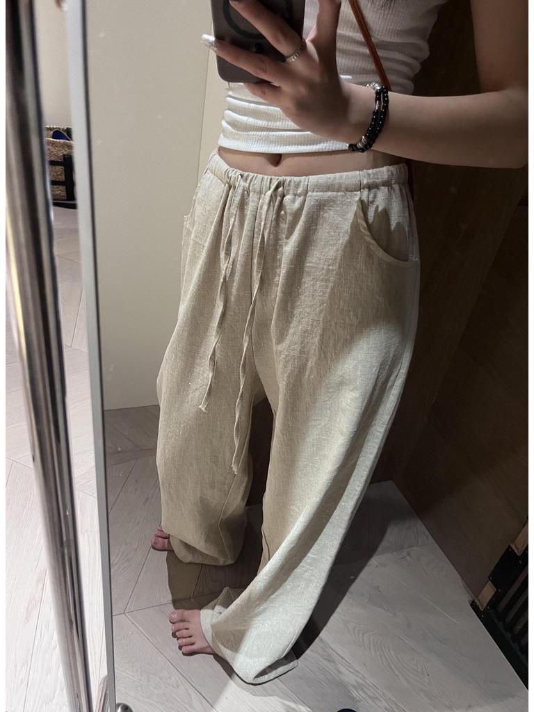 Women's Spring 2026 Ramie Cotton-Linen Wide-Leg Pants with Elastic Waist and Drawstring – Old Money Style, Relaxed Fit