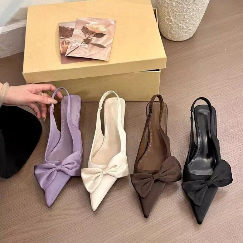 Fashion Elegant High Heels Women's Shoes Summer Black Shallow Mouth Pointed Toe Bow Slingbacks Luxury Party Office Lady Sandals