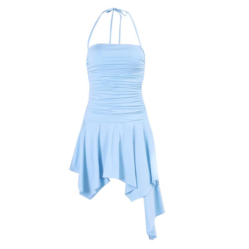 Milk Silk Dress European and American Sexy One-word Collar Backless Irregular Neck Short Dress Women