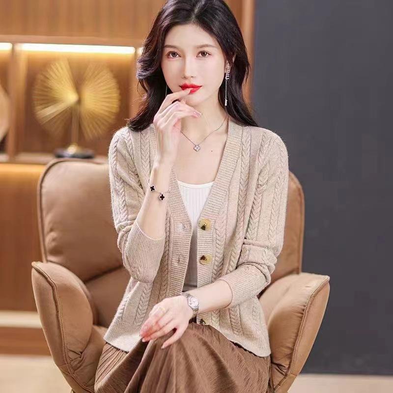 

Женский осенне-зимний однотонный повседневный топ с V-образным вырезом, длинный рукав, трикотажный свитер, кардиган One Size абрикосовый