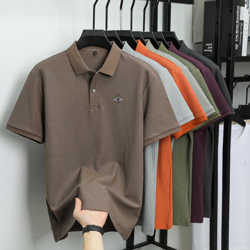Summer Men's New Bee Embroidered Solid Color Mercerized Cotton Loose Moisture Wicking and Quick Drying Casual Polo Shirt