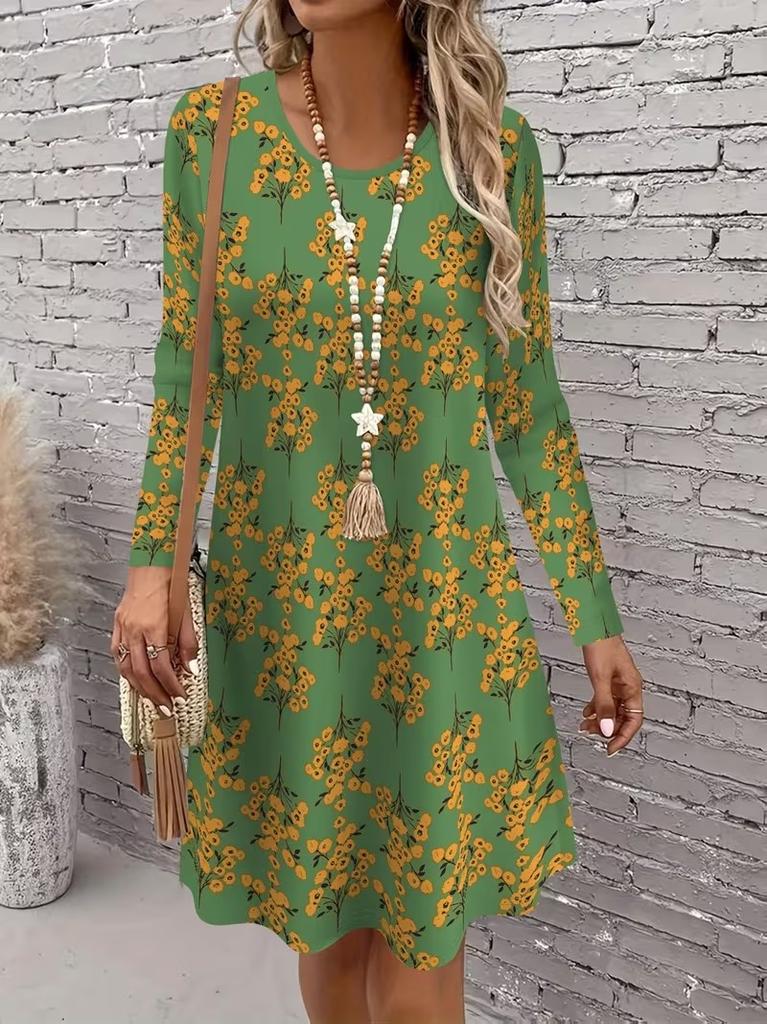 Spring Autumn Women Dress Casual Long Sleeve O-neck 3D Print Loose A-Line Dress Oversized Home Wear Robe