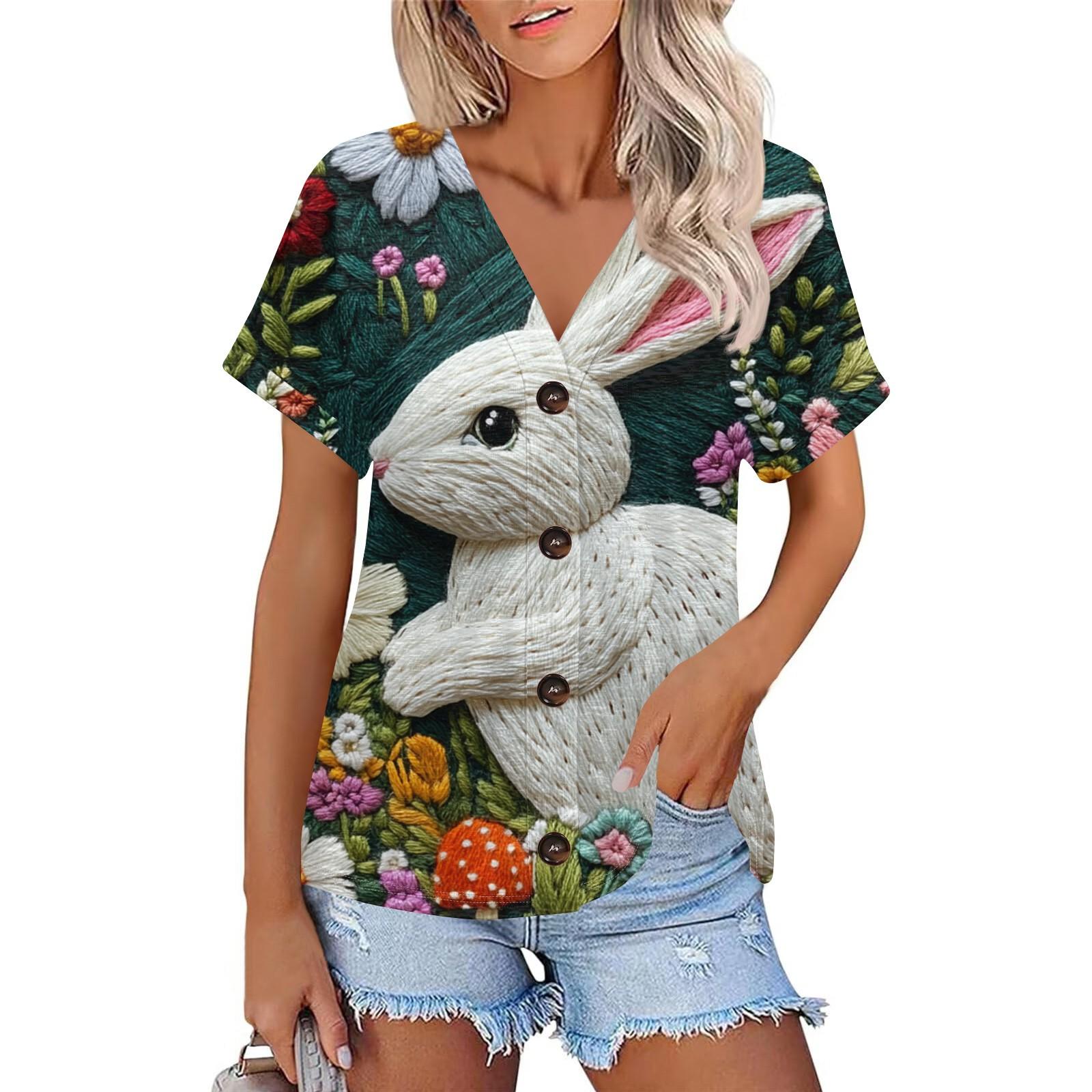 

Женская модная футболка с коротким рукавом и V-образным вырезом с пасхальным принтом, повседневная футболка на пуговицах XXL