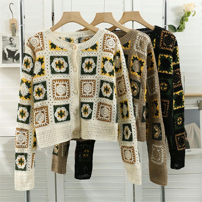 Retro Ethnic Style Crochet Knit Tops Women Flower Embroidery Knit Sweaters Cardigans Female 2023 Spring Autumn Knitted Coat Boho