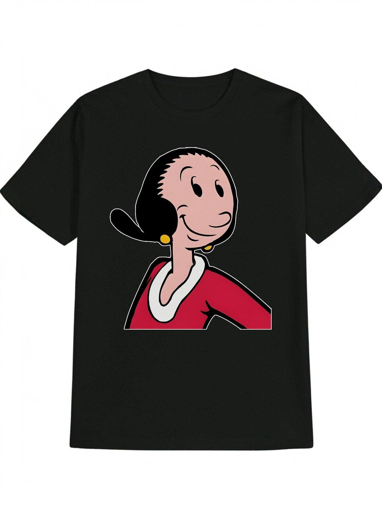 Casual Crew Neck T-shirt with Black & White Cartoon Print - Lightweight Polyester M